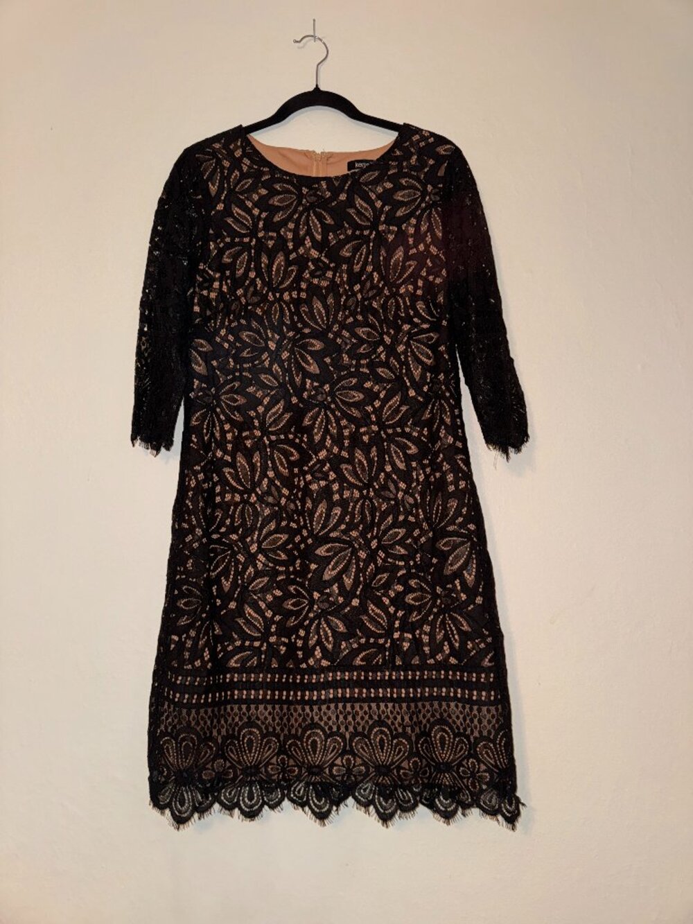 Kensie Black Floral Lace Sheath Dress Nude